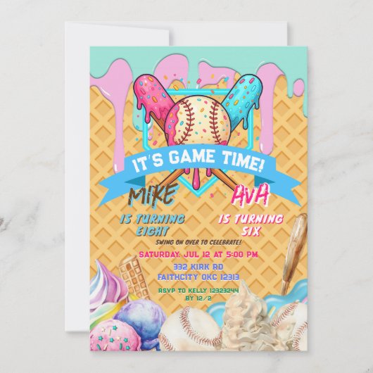 Baseball Ice Cream Drip Twins Verjaardagsfeestje Kaart (Voorkant)