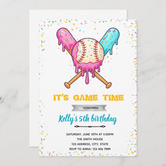 Baseball Ice Cream Drip Verjaardag Uitnodiging (Voorkant / Achterkant)
