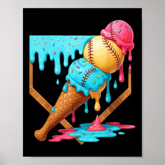 Baseball Ice Cream Dripping Funny Baseball Mannen Poster (Voorkant)