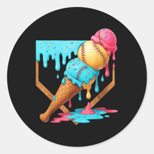 Baseball Ice Cream Dripping Funny Baseball Mannen Ronde Sticker (Voorkant)