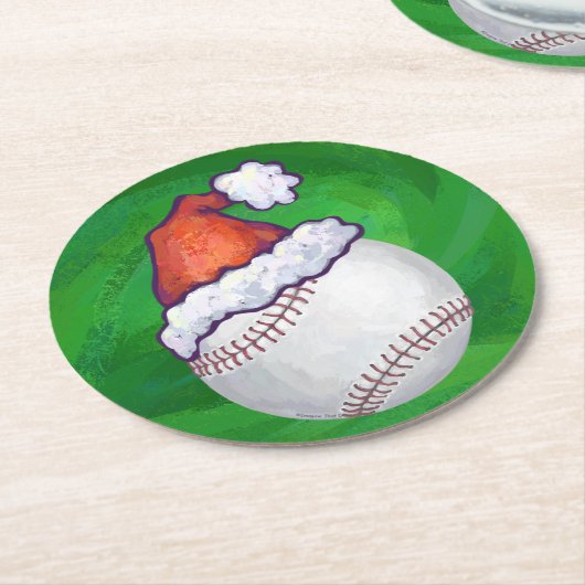 Baseball in Santa Hat op groen Ronde Kartonnen Onderzetter (Gebogen)