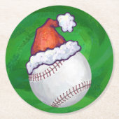 Baseball in Santa Hat op groen Ronde Kartonnen Onderzetter (Voorkant)
