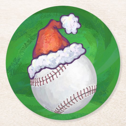 Baseball in Santa Hat op groen Ronde Kartonnen Onderzetter (Voorkant)