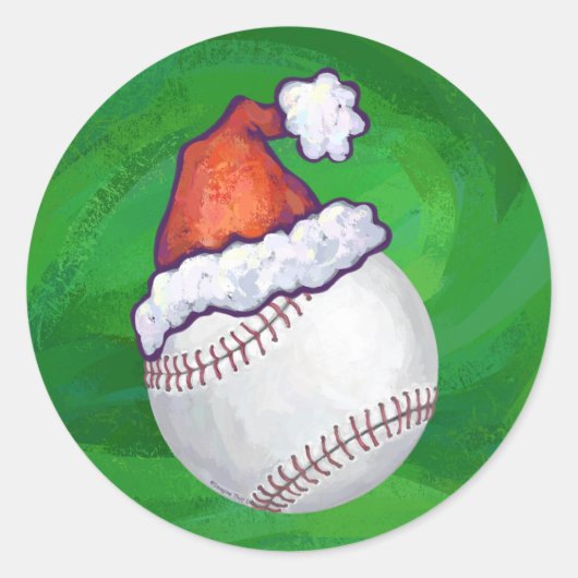 Baseball in Santa Hat op groen Ronde Sticker (Voorkant)