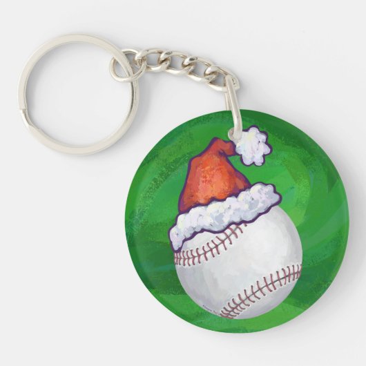 Baseball in Santa Hat op groen Sleutelhanger (Voorkant)