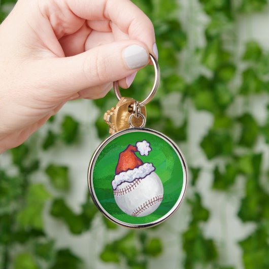 Baseball in Santa Hat op groen Sleutelhanger (Hand)