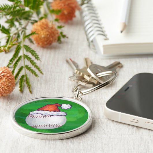 Baseball in Santa Hat op groen Sleutelhanger (Zijkant)