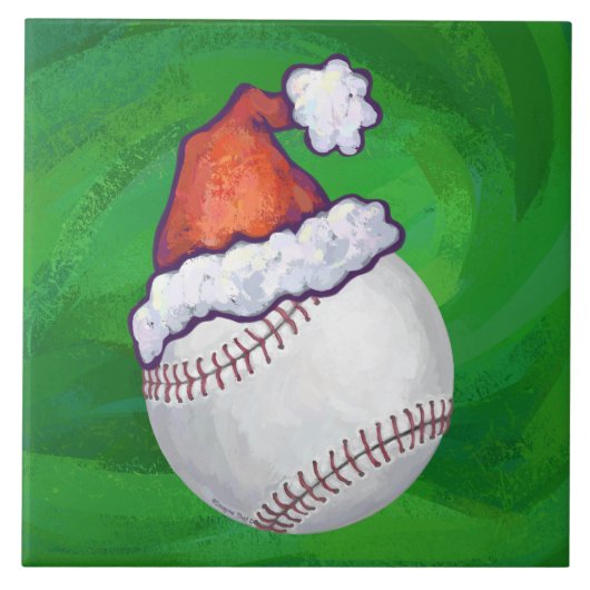 Baseball in Santa Hat op groen Tegeltje (Voorkant)