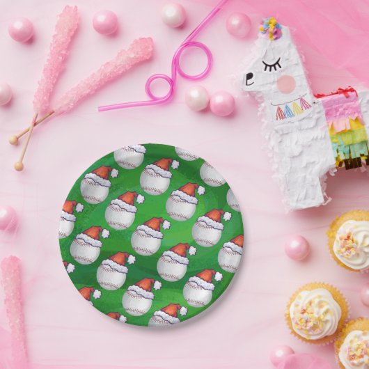 Baseball in Santa Hat Pattern op Green Papieren Bordje (Feest)