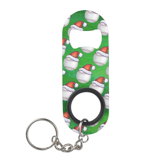 Baseball in Santa Hat Pattern op Green Sleutelhanger Flessenopener (Voorkant)