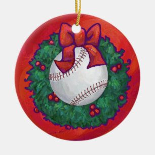 Baseball in Wreath op Red Keramisch Ornament