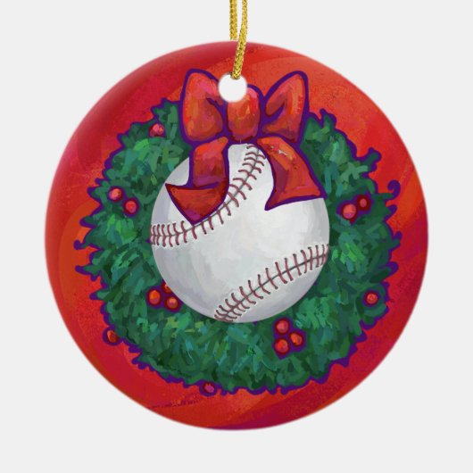 Baseball in Wreath op Red Keramisch Ornament (Voorkant)