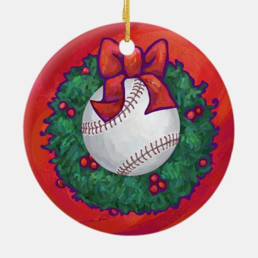 Baseball in Wreath op Red Keramisch Ornament (Achterkant)
