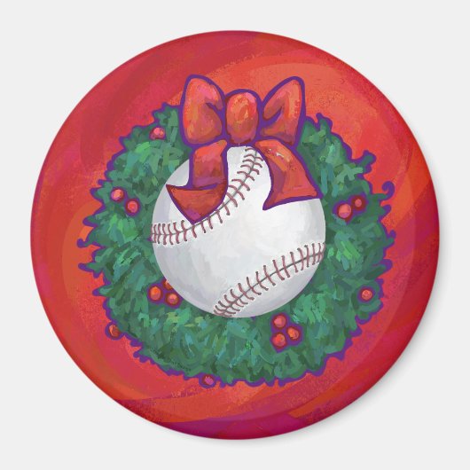 Baseball in Wreath op Red Magneet (Voorkant)