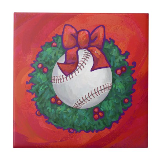 Baseball in Wreath op Red Tegeltje (Voorkant)