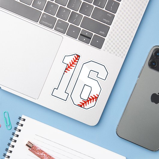 Baseball Jersey Number 16 Sticker (Laptop met iPhone)