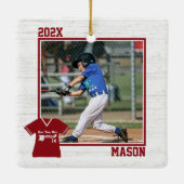 Baseball Jersey Red en White met foto Keramisch Ornament (Achterkant)