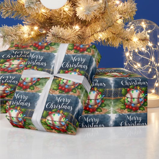 Baseball kerstthema in het stadion cadeaupapier (Feestdagen)