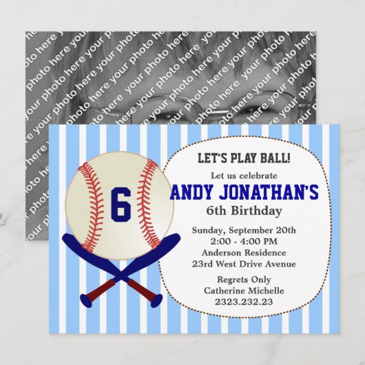 Baseball Kind: Birthday Party Blue Invitation Kaart (Voorkant / Achterkant)