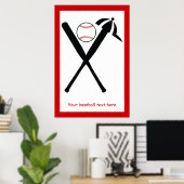 Baseball kruiste vleermuizen en pet zwart, rood poster (Thuiskantoor)