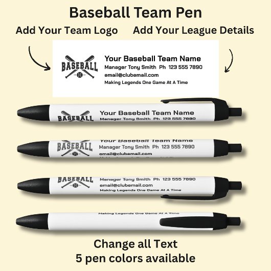 Baseball League Team - Voeg je eigen gegevens en L Zwarte Inkt Pen