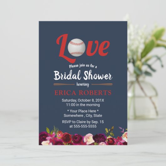Baseball Love Burgundy Floral Navy Vrijgezellenfee Kaart (Staand voorkant)