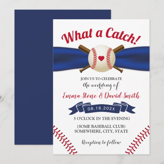 Baseball Love Navy Ribbon Sports Wedding Kaart (Voorkant / Achterkant)