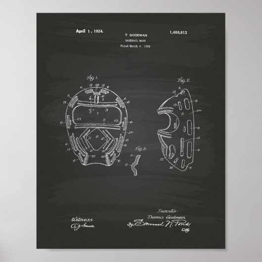 Baseball Mask 1924 Patent Art Chalkboard Poster (Voorkant)