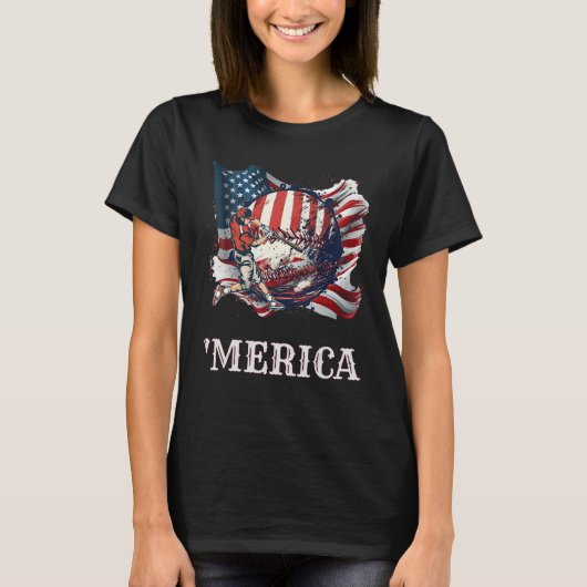 Baseball Merica Patriotic 4th July American Flag T-shirt (Voorkant)
