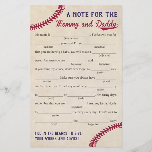 Baseball Met Baby shower Advice Game Kaarten (Voorkant)