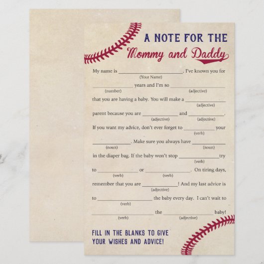 Baseball Met Baby shower Advice Game Kaarten (Voorkant / Achterkant)