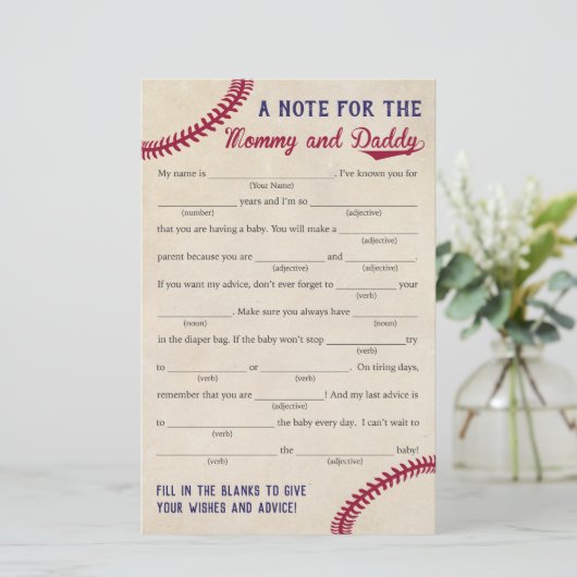 Baseball Met Baby shower Advice Game Kaarten (Staand voorkant)