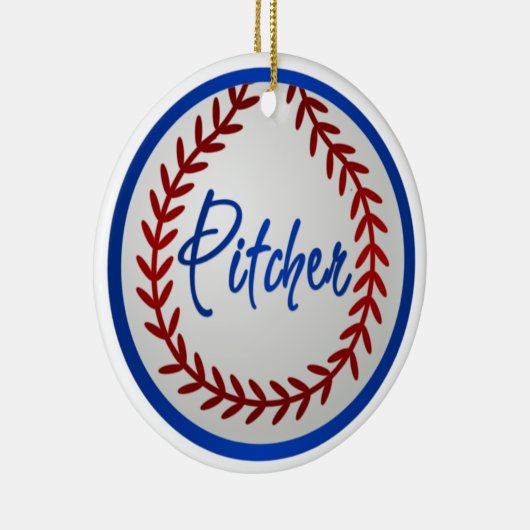 Baseball met rode titels en pitcher keramisch ornament (Rechts)