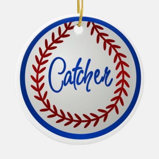 Baseball met rode titels en vanger keramisch ornament (Voorkant)