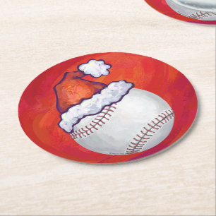 Baseball met Santa Hat op rood Ronde Kartonnen Onderzetter