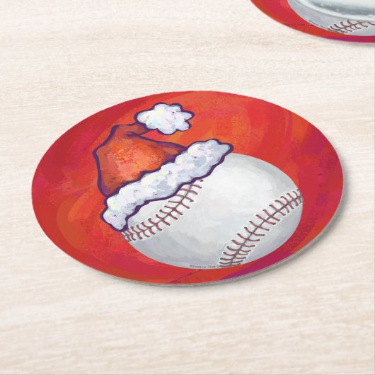 Baseball met Santa Hat op rood Ronde Kartonnen Onderzetter (Gebogen)