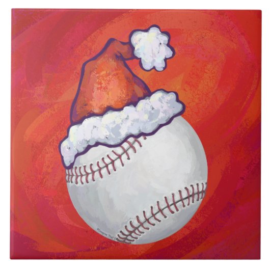 Baseball met Santa Hat op rood Tegeltje (Voorkant)