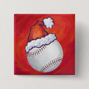 Baseball met Santa Hat op rood Vierkante Button 5,1 Cm