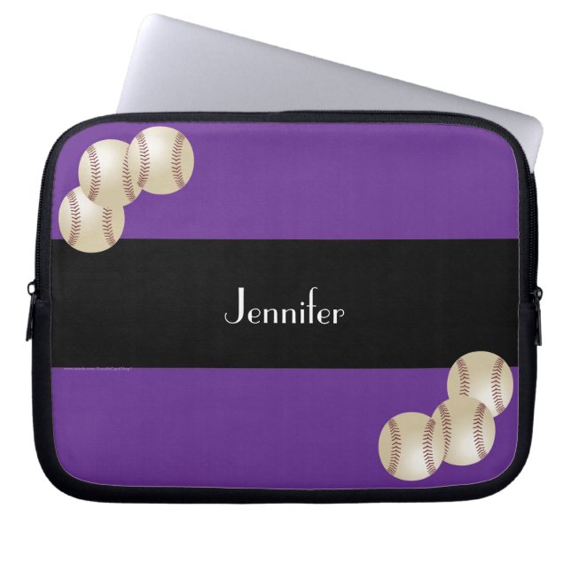 Baseball, naam, Paarse en zwarte computer Laptop Sleeve (Voorkant)