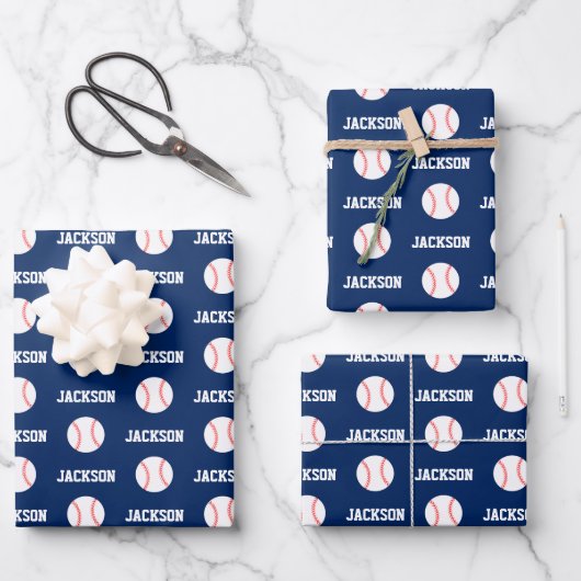 Baseball Naam Patroon Navy Blauw Inpakpapier Vel (Voorkant)