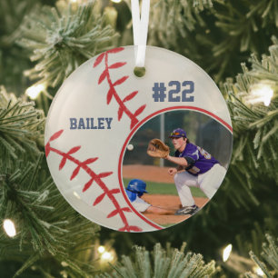 Baseball Naam Rugnummer Foto Aandenken Glas Ornament