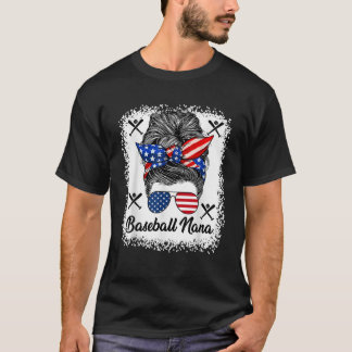 Baseball Nana Messy Bun USA Flag Glasses 4th of Ju T-shirt