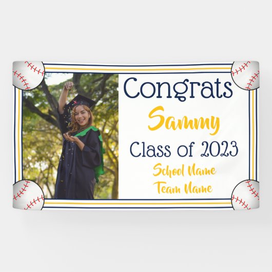 Baseball Navy & Gold One Photo Afstuderen Spandoek (Horizontaal)