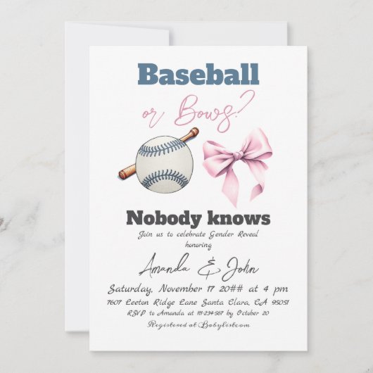 Baseball of Bows Blauw of Roze Geslacht Onthullen Kaart (Voorkant)
