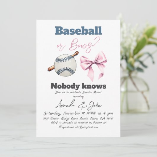 Baseball of Bows Blauw of Roze Geslacht Onthullen Kaart (Staand voorkant)