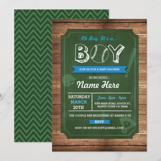 Baseball Oh Boy Baby shower Sports Invite Kaart (Voorkant / Achterkant)