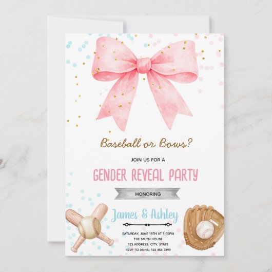 Baseball or Bows Gender Reveal invitation Kaart (Voorkant)