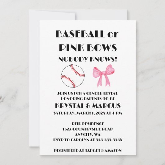 Baseball or Pink Bows gender reveal party Kaart (Voorkant)