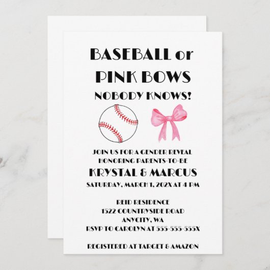Baseball or Pink Bows gender reveal party Kaart (Voorkant / Achterkant)