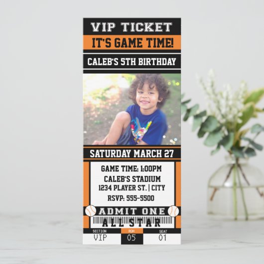 BASEBALL Oranje & Black TICKET PHOTO-uitnodiging Kaart (Staand voorkant)
